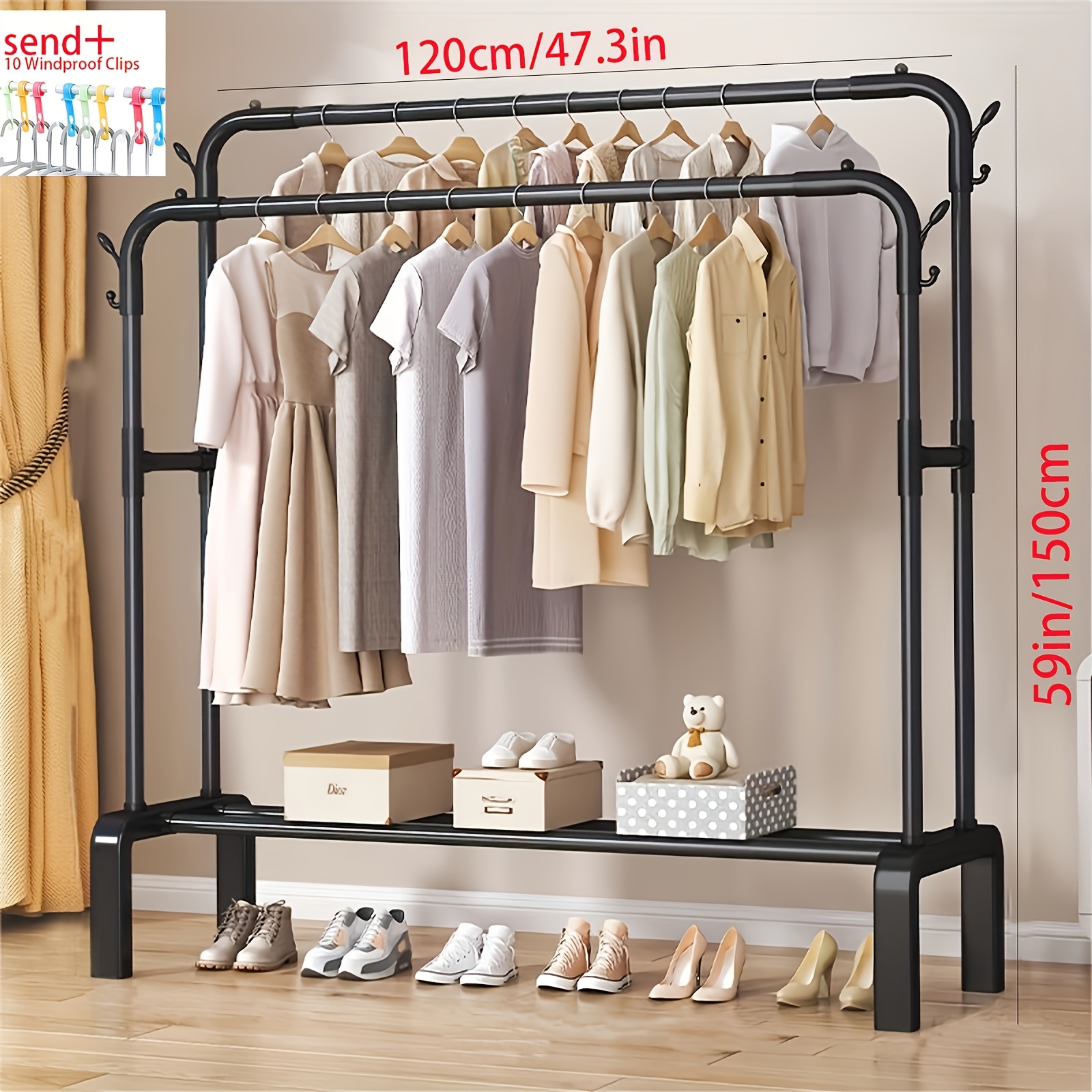 Double Rod Clothing Rack With   Shelf, Heavy Duty Garment Organizer With Extra Hooks, Space Saving Clothes Rack -   Storage Stand, Stylish Metal Clothing Organizer For Bedroom