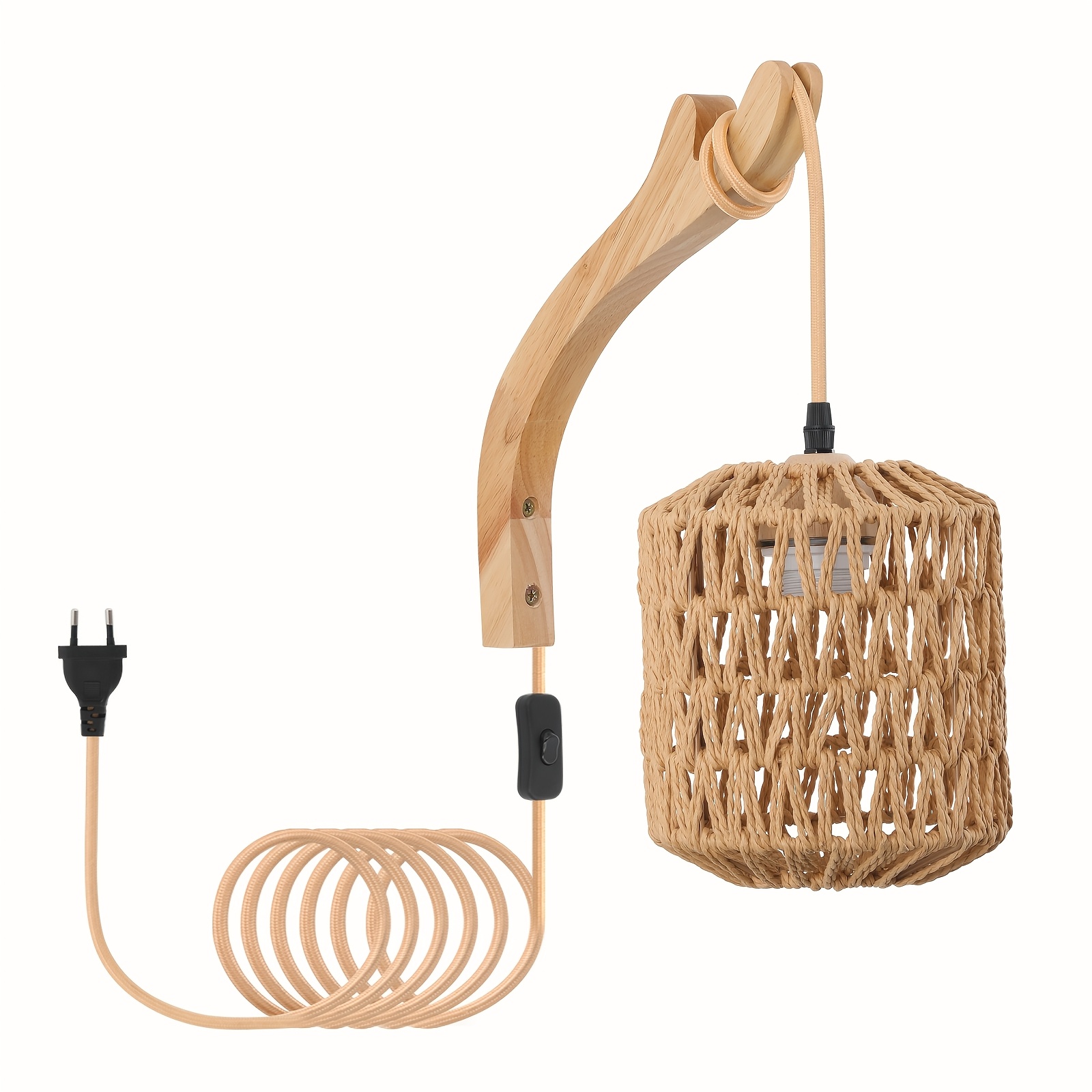 Image of Wall Sconce, Rattan Woven Shade With Curved , Bohemian Rustic Plug-in Wall Light, Decorative Lighting Fixture For Bedroom Headboards, Cafes, And Guesthouses. Bulb Not Included