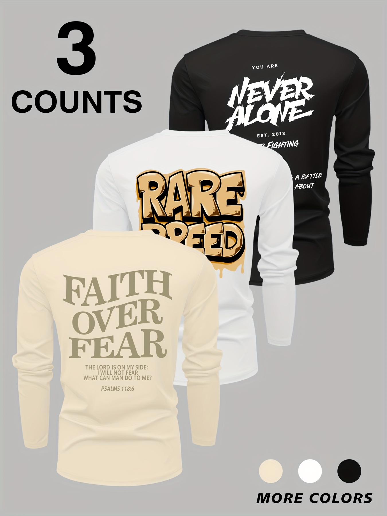 3pcs Men's Crew Neck Long Sleeve T-Shirts - Casual Knit Polyester Top, Stretchy…