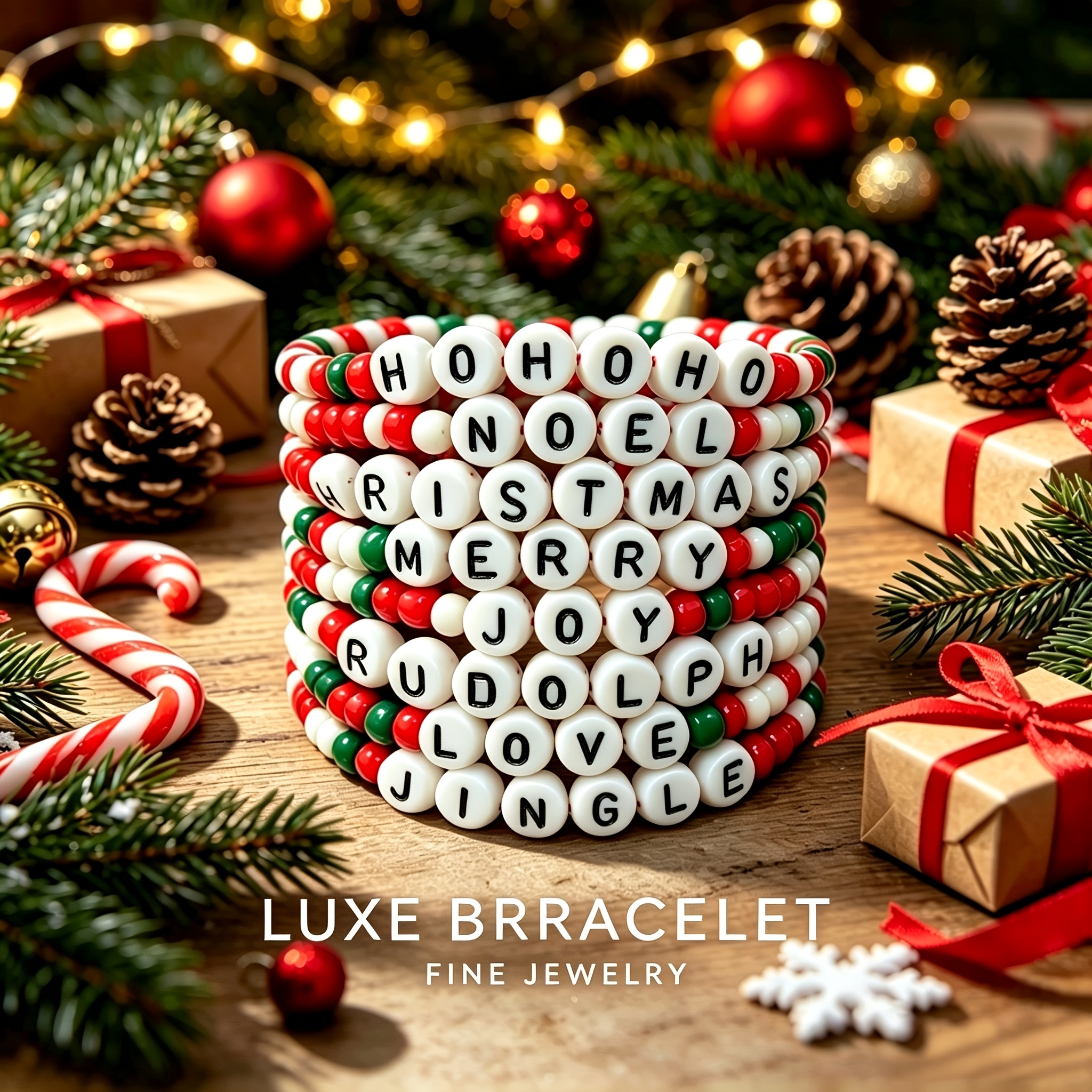 TEMU 8pcs Christmas Letter Beaded Bracelet Set - Red/green/white Stretchable Stackable Bangles Suitable For , Non-metallic Beads For, Parties,
