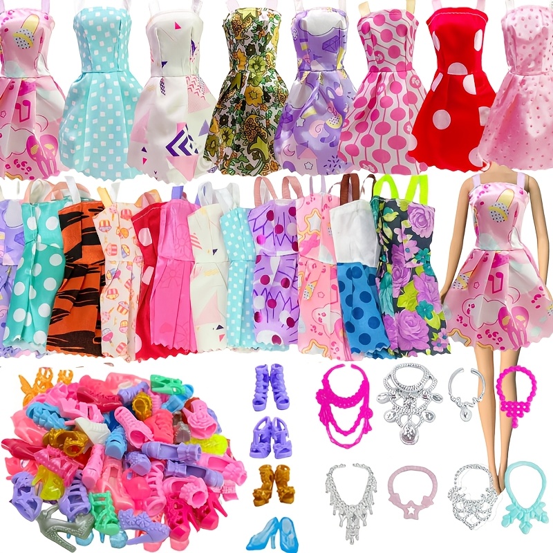 Image of 26pcs Doll Dress, Skirt, Necklace, And Shoe Accessory Set Includes 10 Random Fashion Dresses, 10 Pairs Of Shoes, And 6 Necklaces, Suitable For 11.5-inch Dolls, Christmas, Halloween Gift