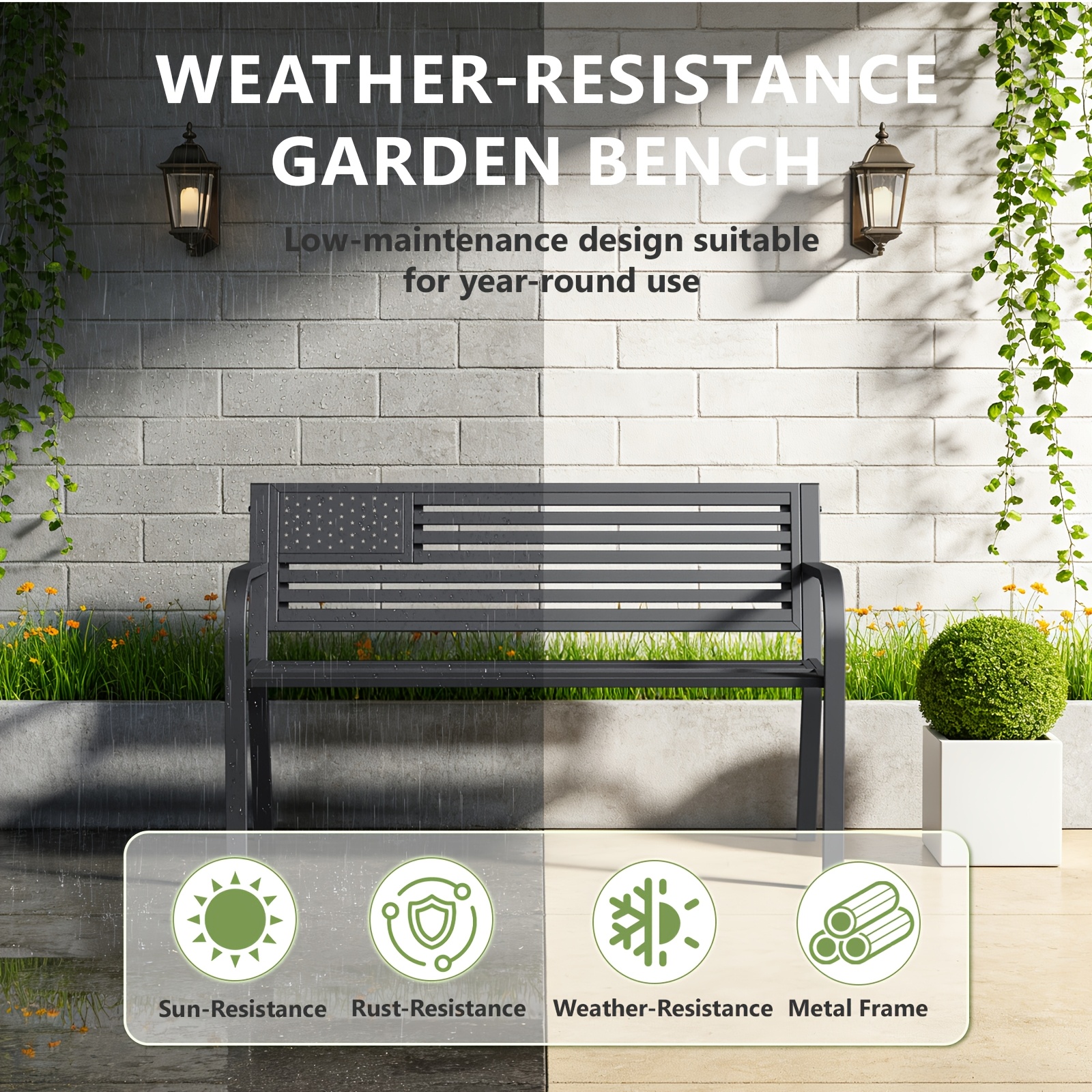47-inch Pure Iron Casual Bench, Equipped with Ergonomic PVC Mesh Backrest, Non-slip Chair Legs And All-weather Design, Suitable for Outdoor, Garden, Yard And Poolside Areas
