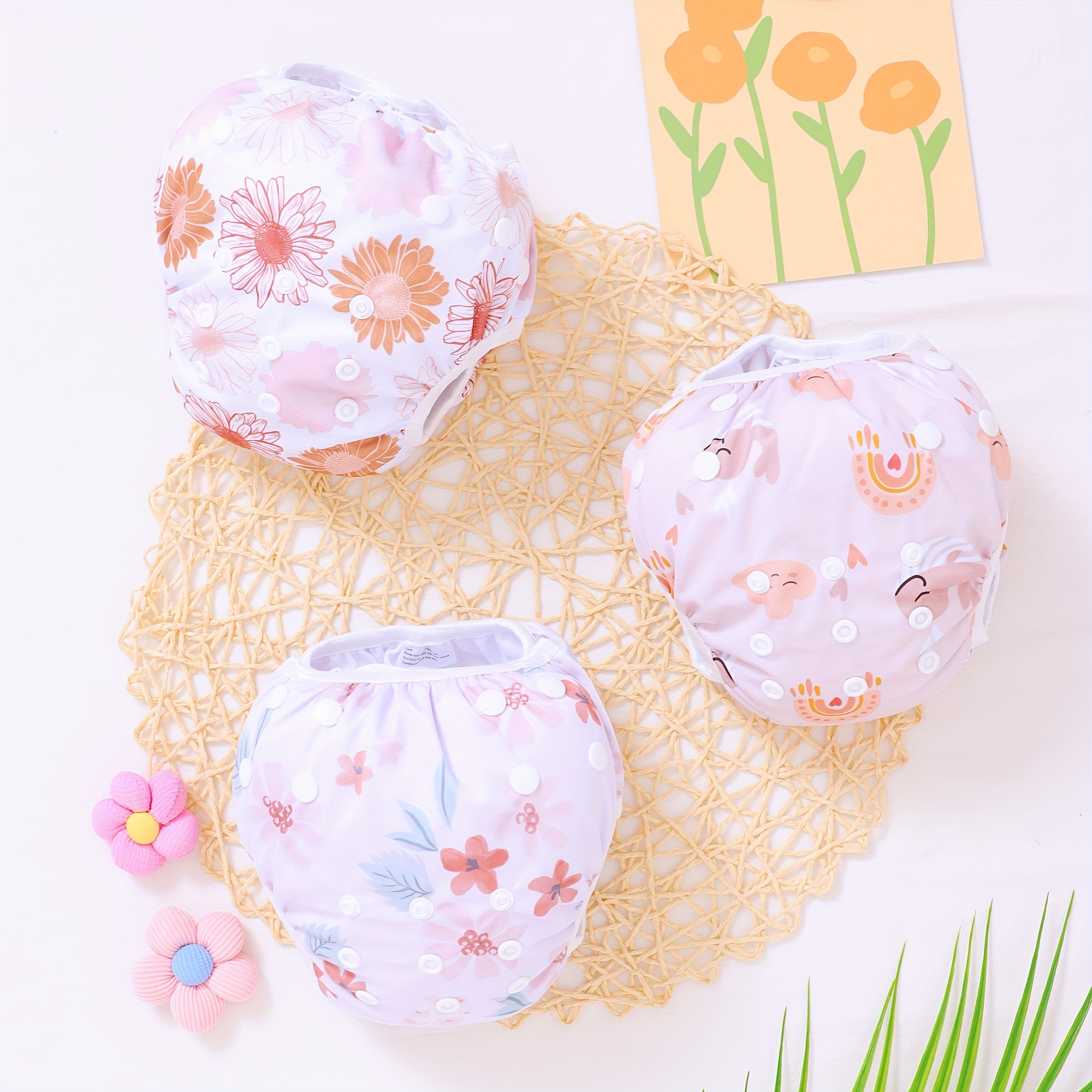 3pcs Flower Prints Adjustable & Reusable Boy Swim Diaper - Flowers Animal Print, Fits 8-36lbs, Soft Mesh Lining For , Asenappy