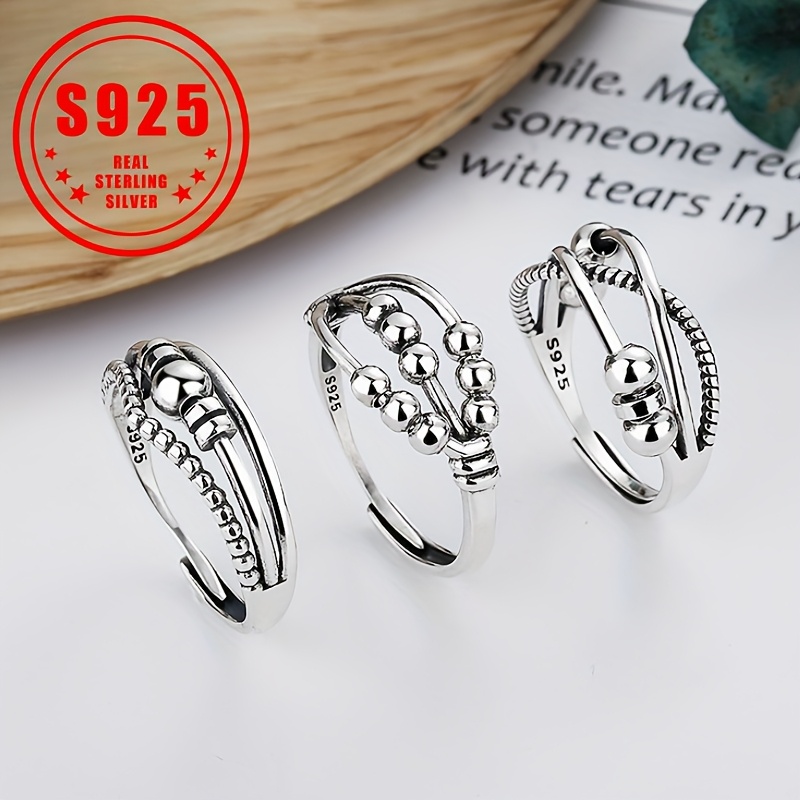 

S925 High Quality Sterling Silver Fidget Ring With Beads And Design - Daily Outfits And Parties - Adjustable 3.7g/0.13oz