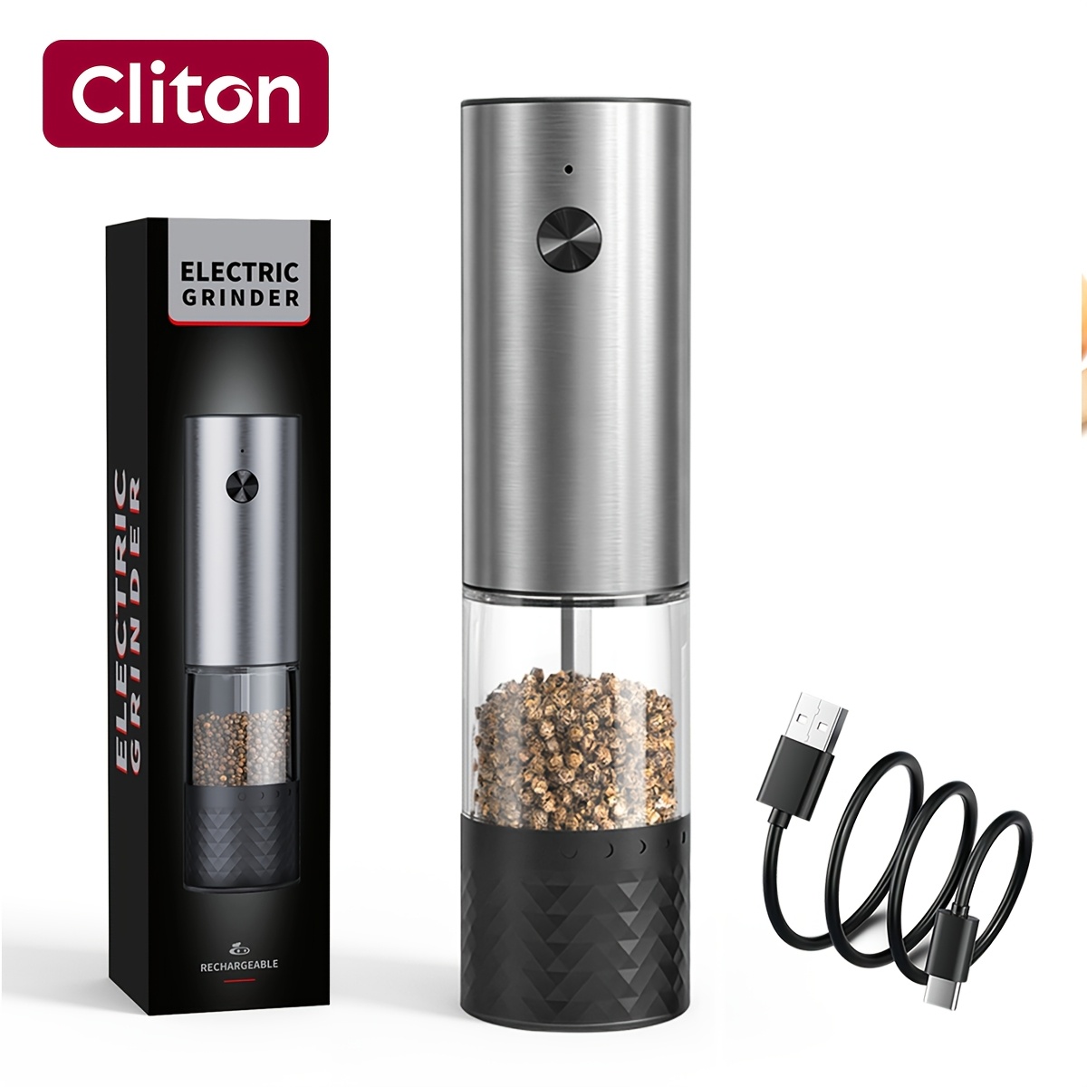 TEMU 1pc/2pcs Option, Rechargeable Electric Salt And Pepper Grinder, Usb Type-c Charging Stainless Steel Automatic Pepper Mill With Storage Base,