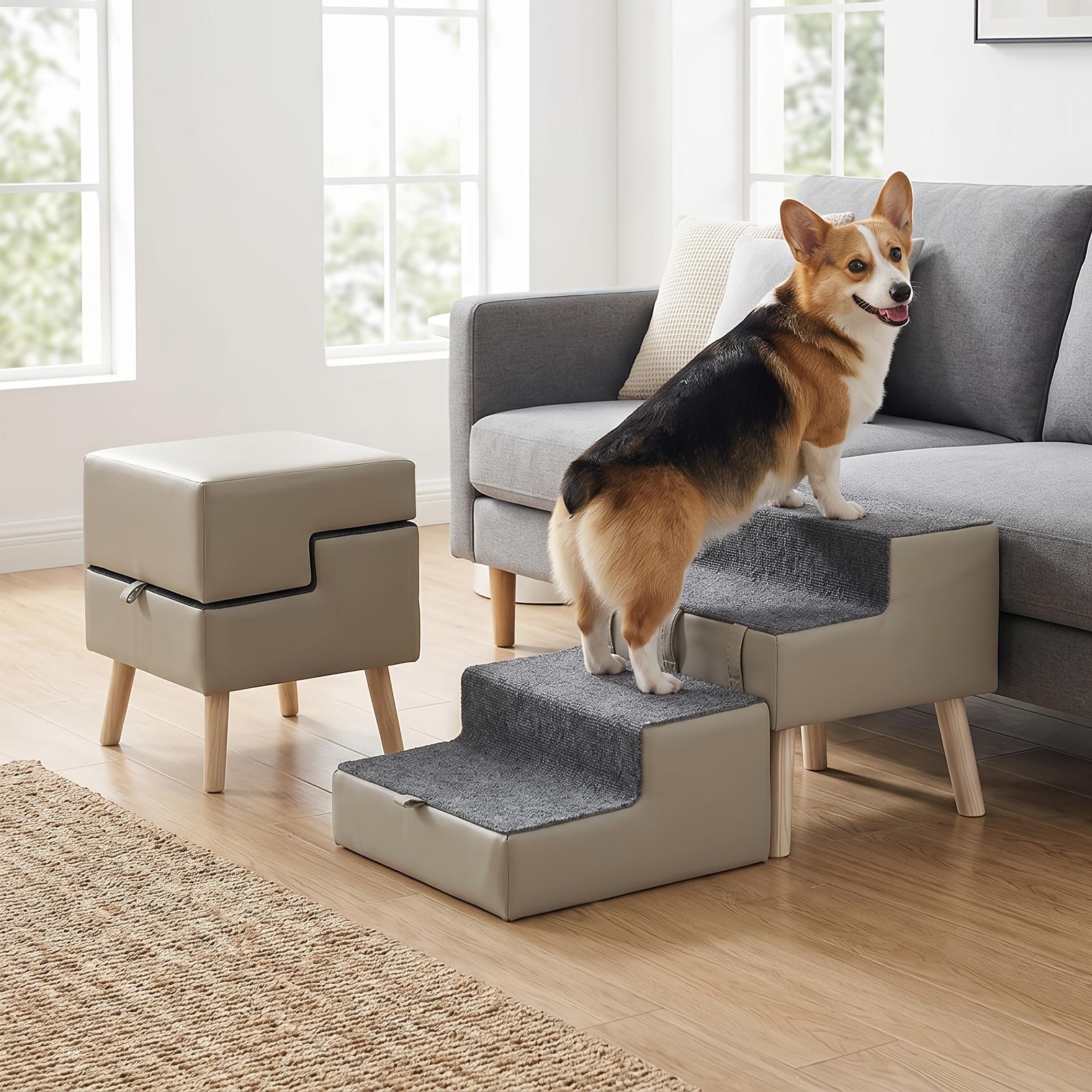 Dog Stairs For Small Dogs 15.7" H, 2-in-1 Pet Stairs And Ottoman, Non-slip Dog Steps For Couch And Bed, Furniture-style Pet Ladder For Puppies, Senior Dogs, Short-legged Dogs & Injured Pets