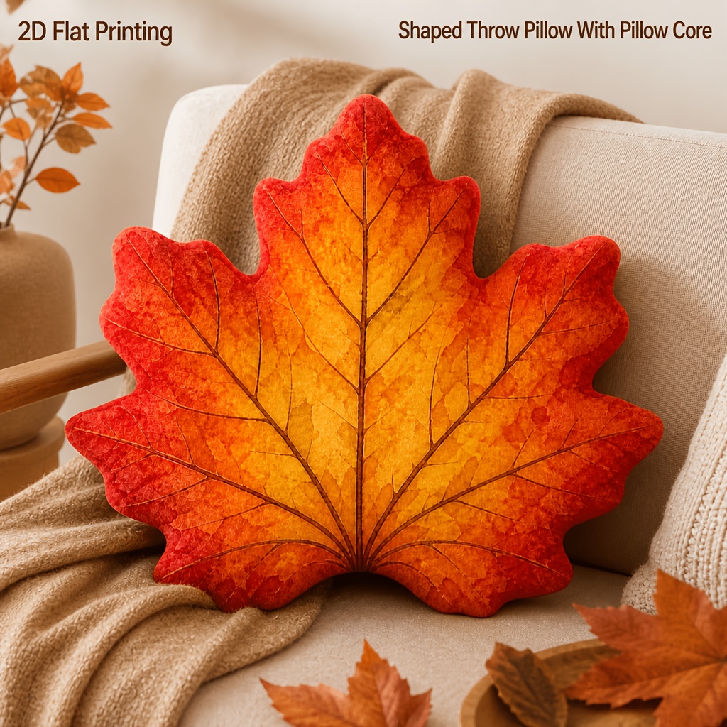 Image of Autumn Maple Leaf Shaped Throw Pillow Warm Watercolor Style For Sofa Bedroom Home Decor 2d Flat Printing Shaped Stuffed Throw Pillow, 2d Flat