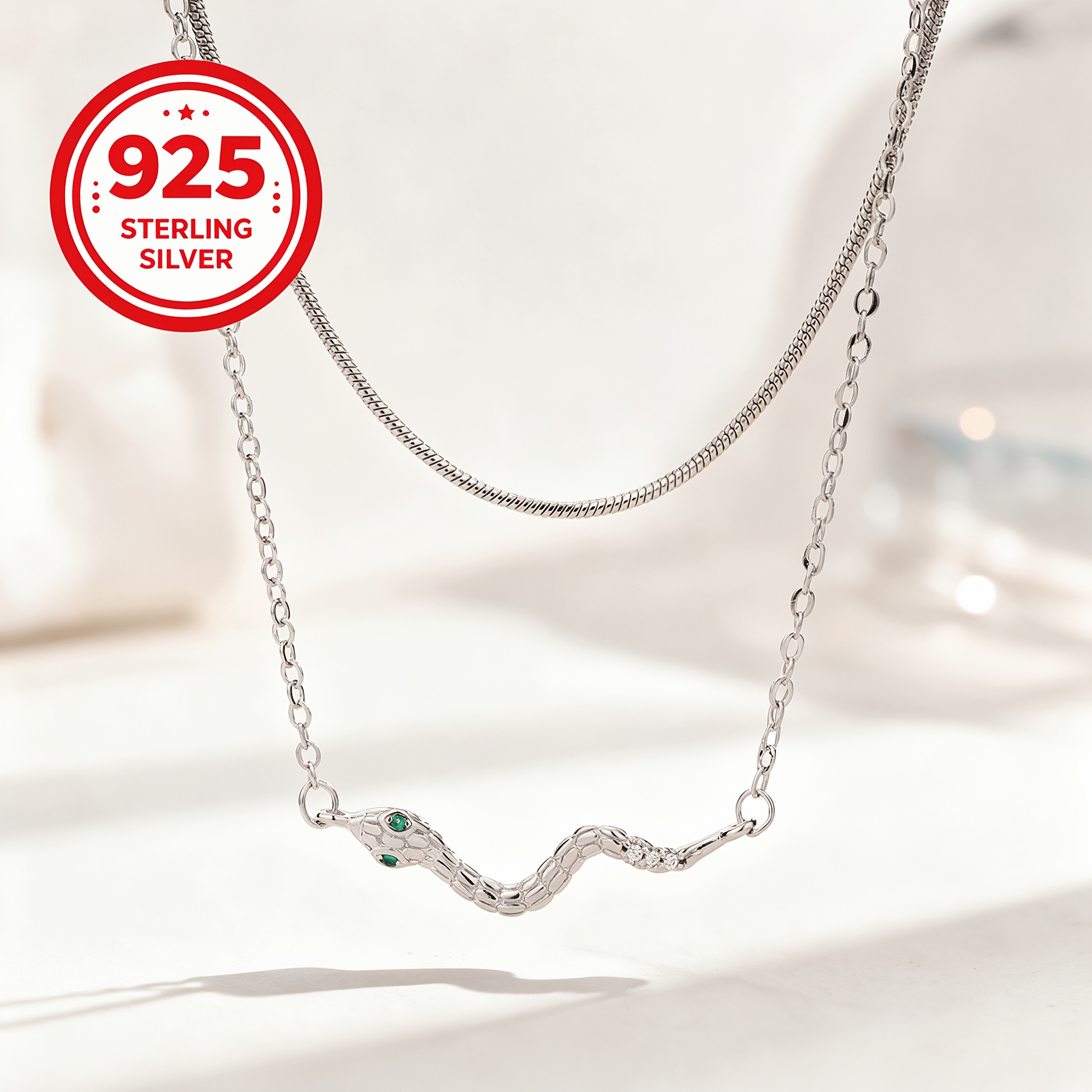 925 Silver Small Snake Double-Layer Chain Necklace
