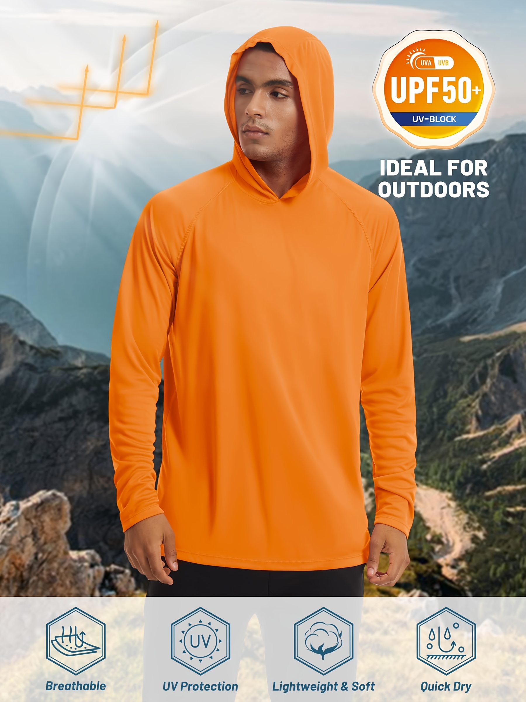 Men's Long Sleeve Hooded Athletic Shirt - Quick Dry, Breathable Polyester, UV Protection, Thumb Holes - Ideal for Running, Fishing, Swimming, Hiking, and Outdoor Activities, Versatile Outdoor Shirt | Sleek Athletic Shirt | Breathable Fabric, Long Sleeves Tops for Fitness
