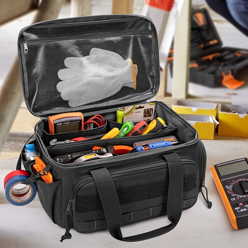 heavy duty tool bag with heavy duty organized internal storage large work tote pocket suitable for electricians carpenters   tear resistant anti slip p u   padded handle two way zipper access large tool organizer bag