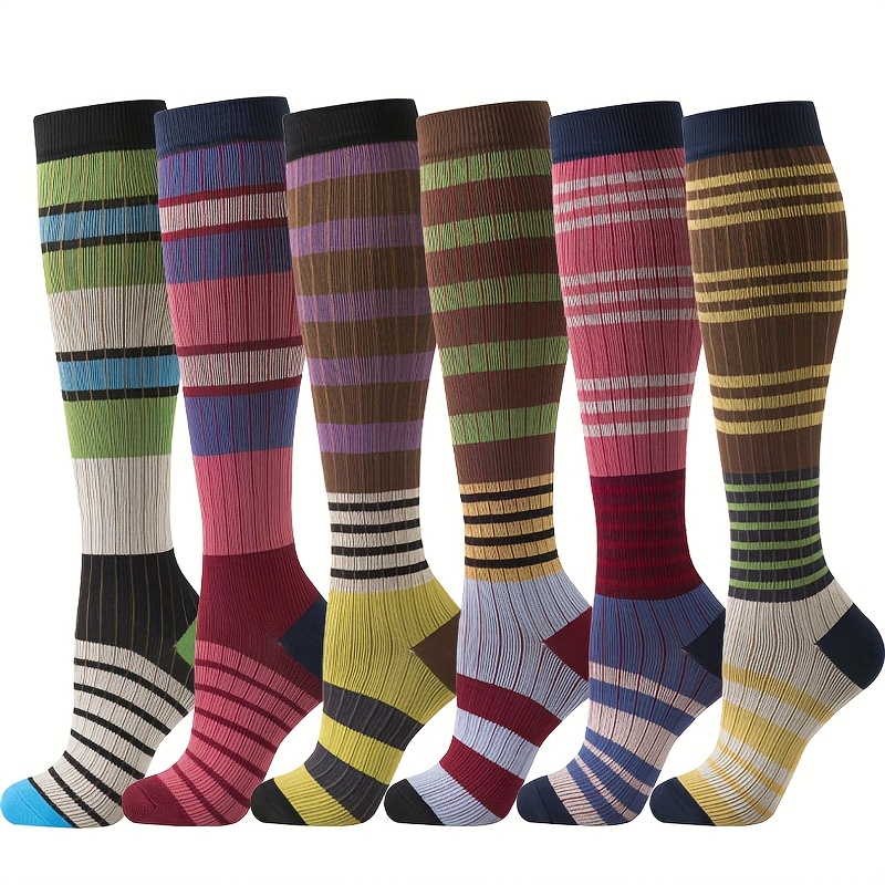 Image of 6 Pairs Of Striped Spliced Compression Socks For Men And Women Comfortable And Versatile Suitable For Daily Wear And Running And Exercise