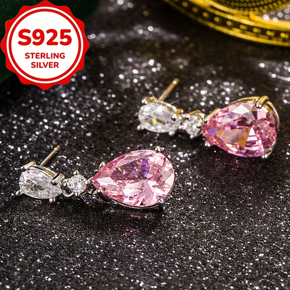 2pcs S925 Pure Silver Pink Water Drop Zirconia Earrings, Gift
