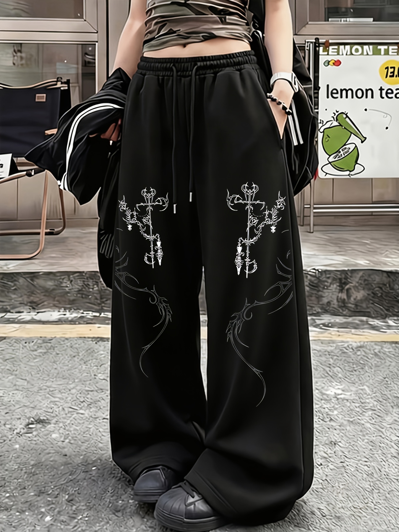 punk style pants gothic cross element y2k retro wide leg - Temu Kuwait