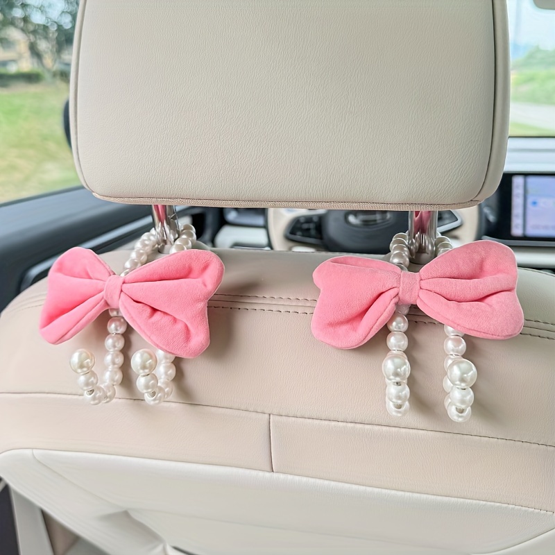 TEMU Seat Back Hooks With Pearl Beaded Bows - 2pcs, Stainless Steel & Pink For Rear Seats