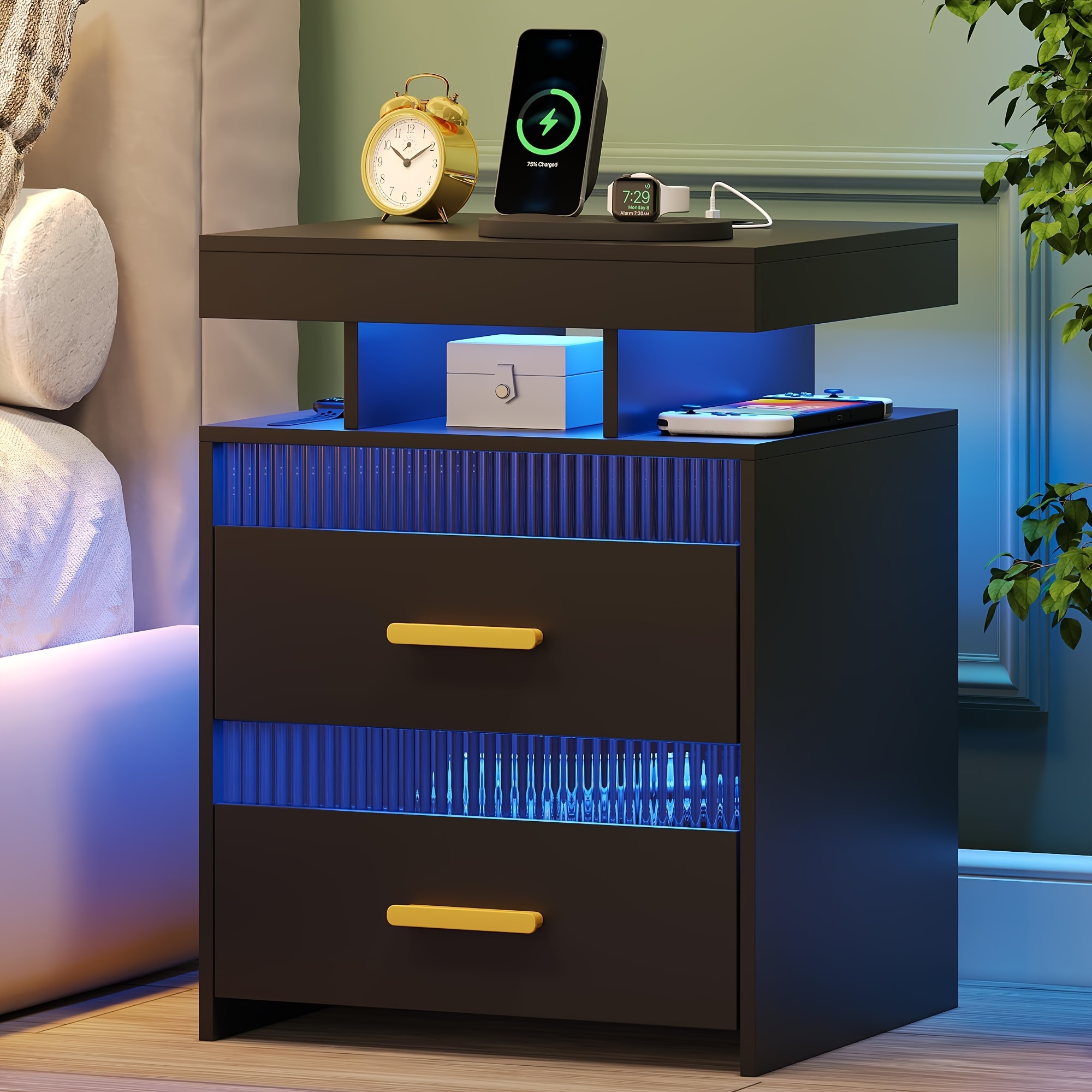 

Hwb Smart Nightstand Bedside Table With Lights: Led Night Stand With Charging Station - End Sofa Tables With & Drawers For Bedroom/living Room/office, Black