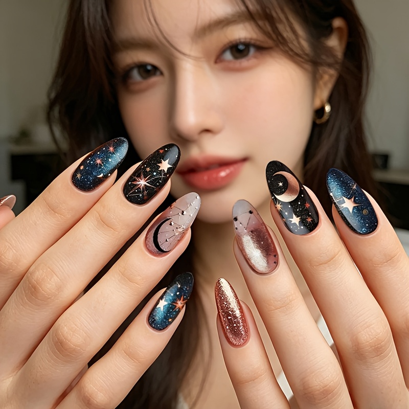TEMU 24pcs, Autumn Winter Starry Fake Nails Women's Medium Size, Sweet Fake Nails, Fashionable Individual Starry Romantic Fake Nails, New Year,