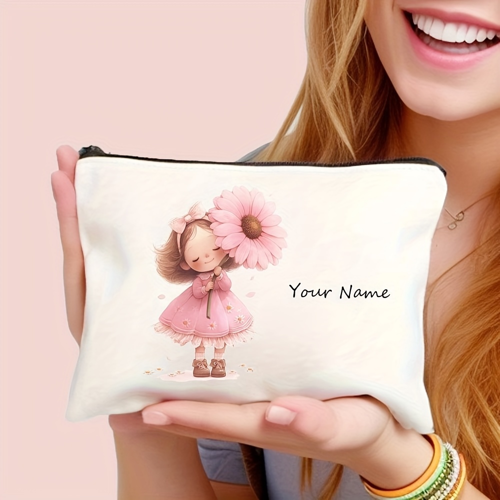 TEMU Customizable Makeup Bag With Cute Daisy Inspirational Print - White Zippered Cosmetic Pouch, Portable And Durable, Unisex Makeup Organizer, ,