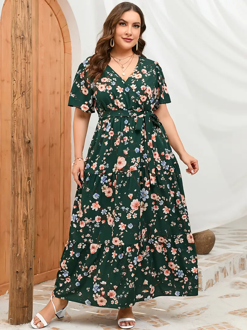 Plus Size, Womens Plus Size V Neck Wrap Maxi Dress High Waist Ruffle Summer Casual Dress with Belt Plus Size, Womens Plus Size V Neck Wrap Maxi Dress High Waist Ruffle Summer Casual Dress with Belt