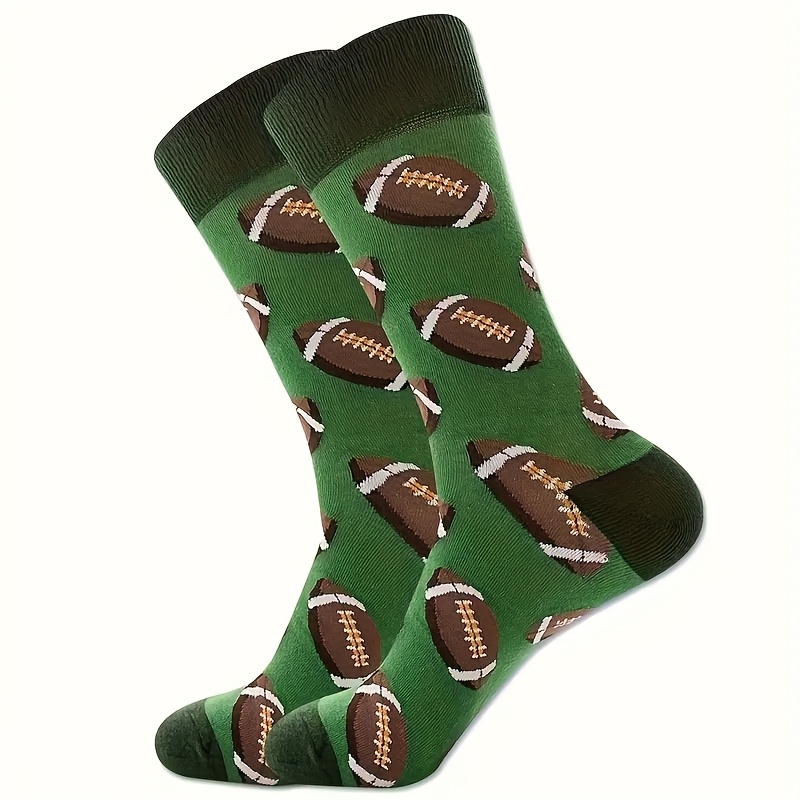 

1 Pair Of Cozy Polyester Mid-calf Socks For Couples - Green With Brown Football Print, Knitted Sports & Casual Socks, Hand Washable