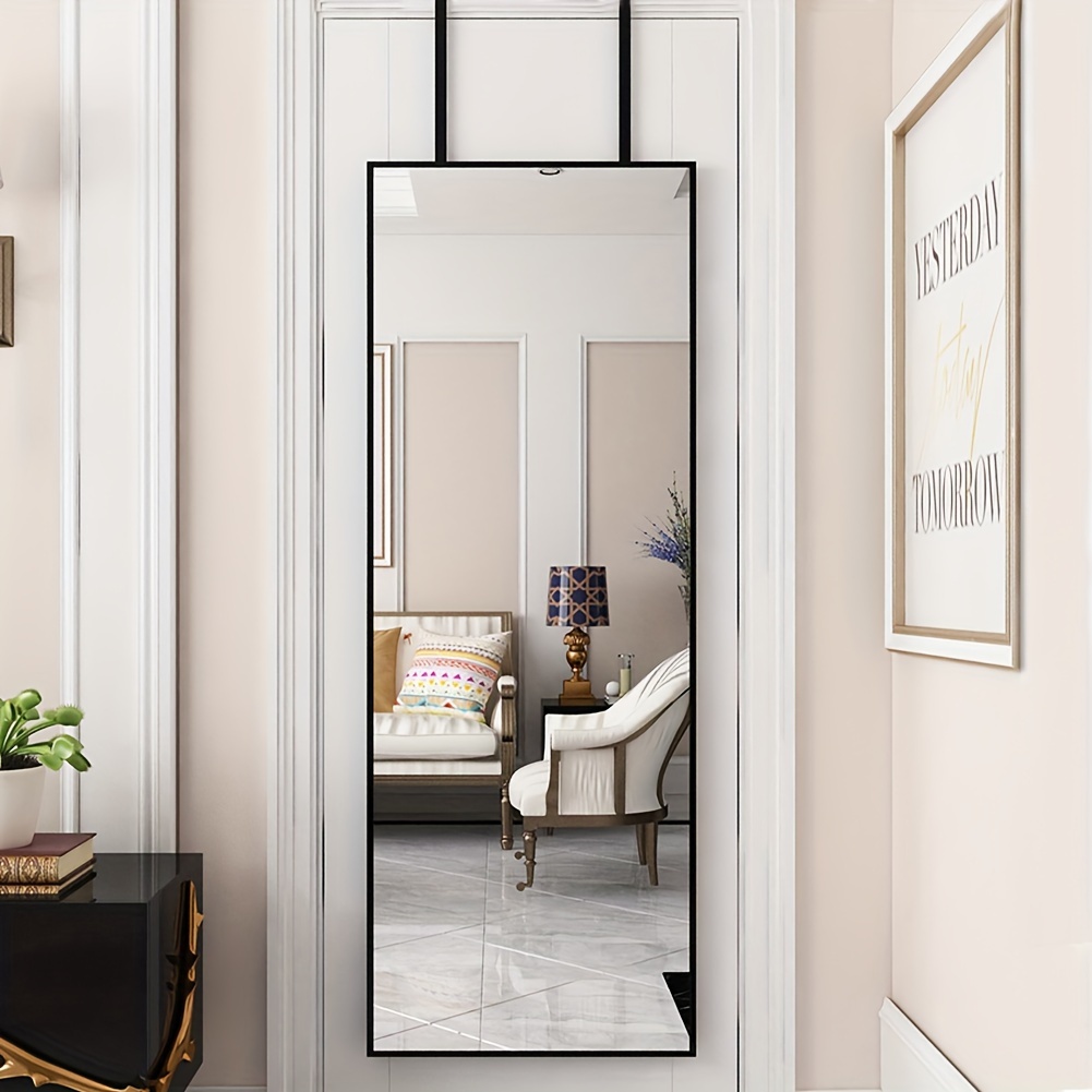 Over The Door Mirror Half Full Length Mirror Black Frame Bathroom Mirror Slim & Mountable Body Mirror for Door Dressing Mirror with Hanging Brackets Dorm Bedroom Entryway Resistant Glass 78x28cm 30.71x11.02in
