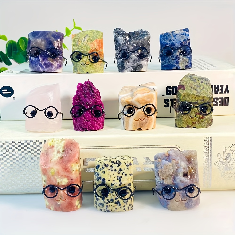 

Cute Crystal Gemstone Decor, Natural Rock Crystal Stones With Glasses, Indoor Display Collectibles, Assorted Holiday Gift Decorations - Set Of Multiple Styles