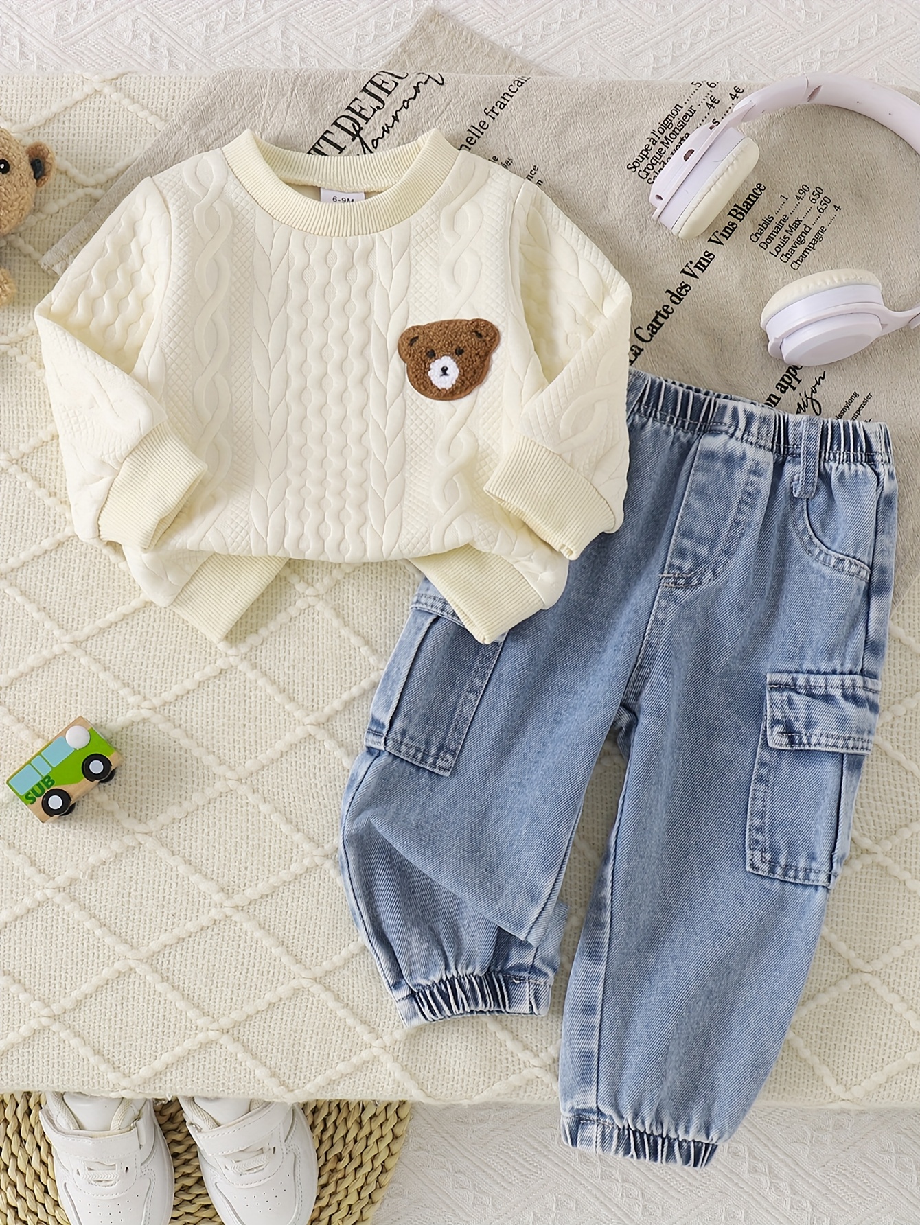 2pcs winter outfit set   patch sweater fringe hem jeans with elastic waist brown bear pocket pants machine washable clothes autumn winter casual playwear   outdoor Product details 0