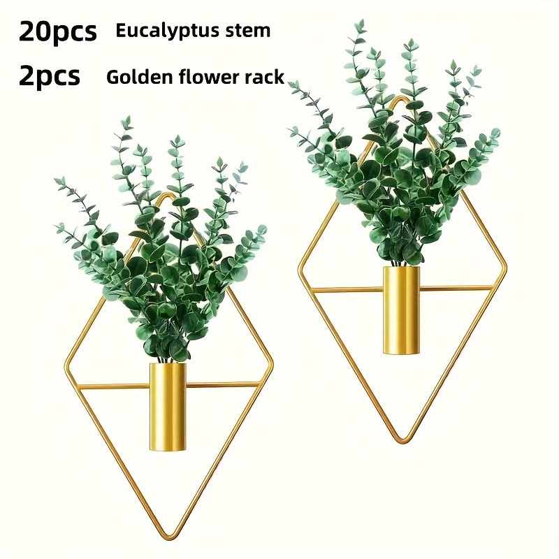20pcs Of Artificial Plants + 2pcs Of Rhombus Hanging Flower Pot Combination, Metal Hanging Flower Vase Indoor Plant Stand Modern Geometric Wall Decoration Room Office Decoration