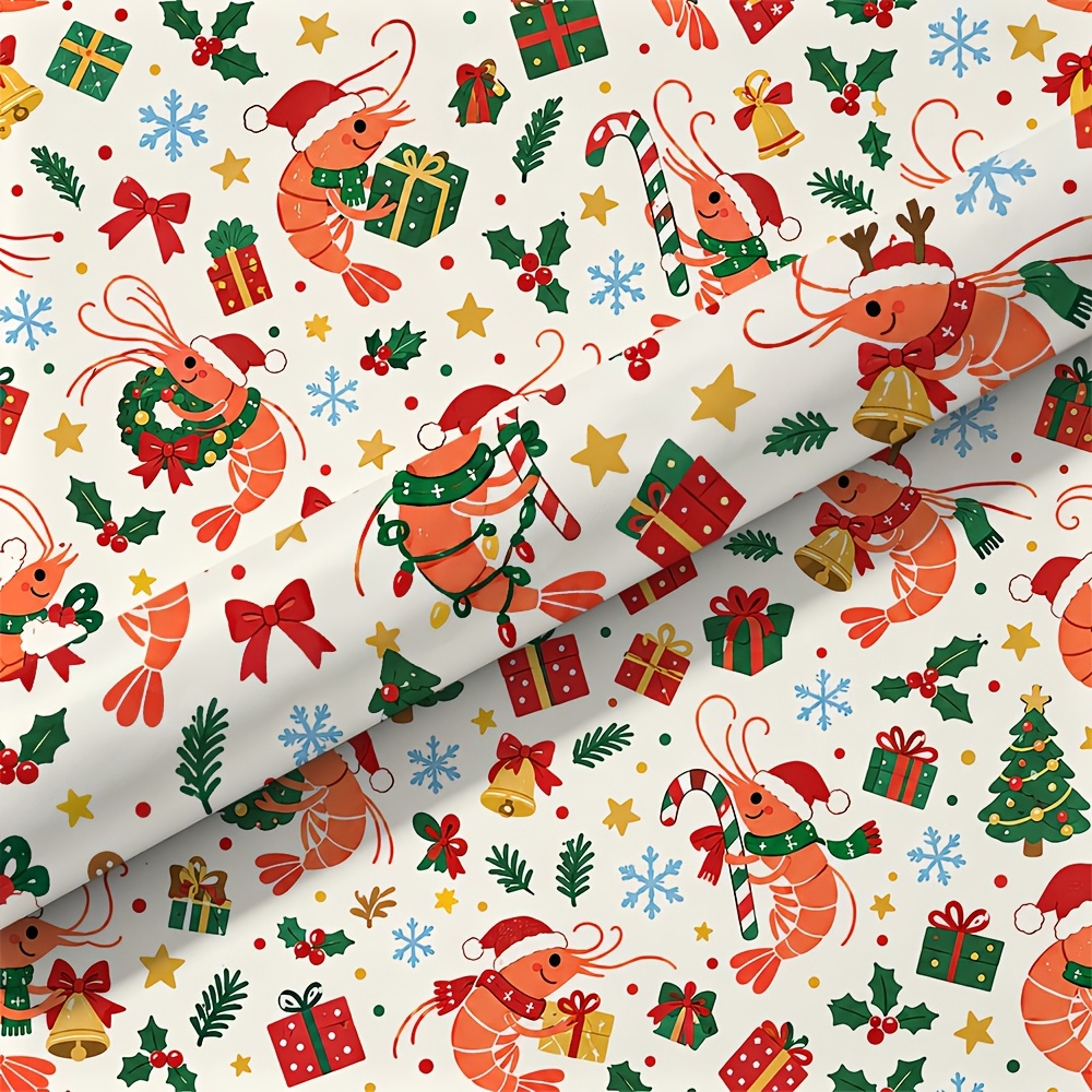 TEMU 1 rouleau de papier cadeau de Noël avec de mignonnes crevettes portant des bonnets de Père Noël, convient pour de cadeaux, de bouquets, les