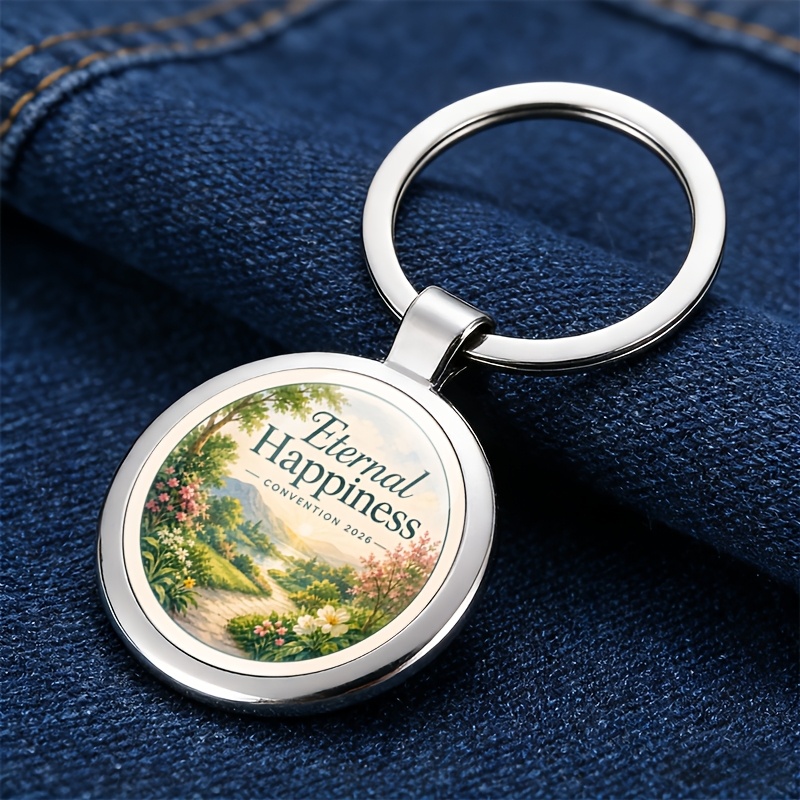 TEMU Eternal Happiness Conference 2026 Watercolor Mountain, Lake, And Flower Trail Round Keychain, Sunrise Countryside Landscape With Plants And
