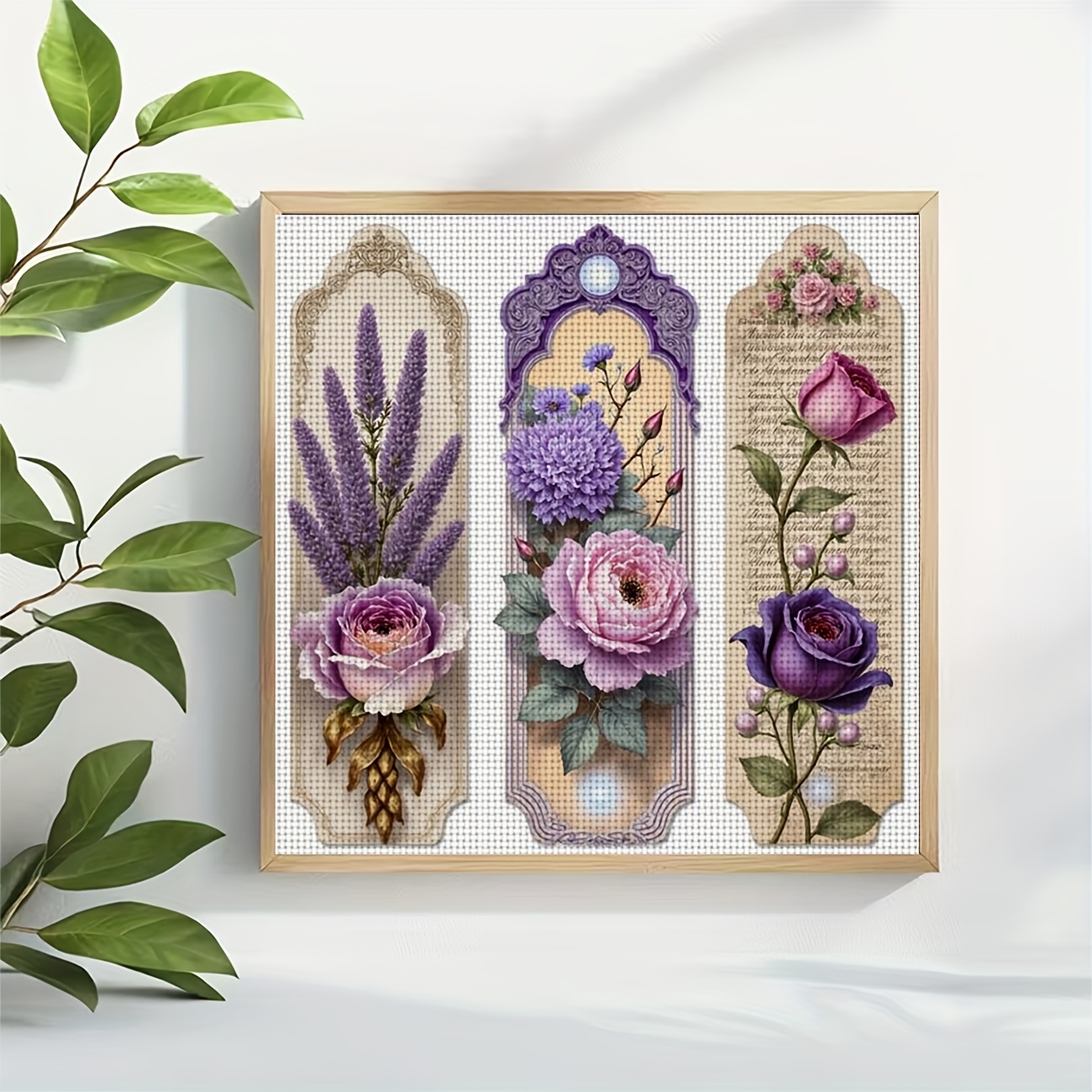 Cross-Stitch Printing Kit, Three Purple and Pink Floral Decorations