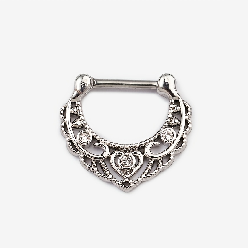 

Body Oxo 1pc Vintage Septum Clicker, 316l Stainless Steel With Heart & Clear Synthetic Gemstone Accents, Rhodium Plated, Non-magnetic, Ideal For & Gifting, Suitable For Mardi Gras, ,