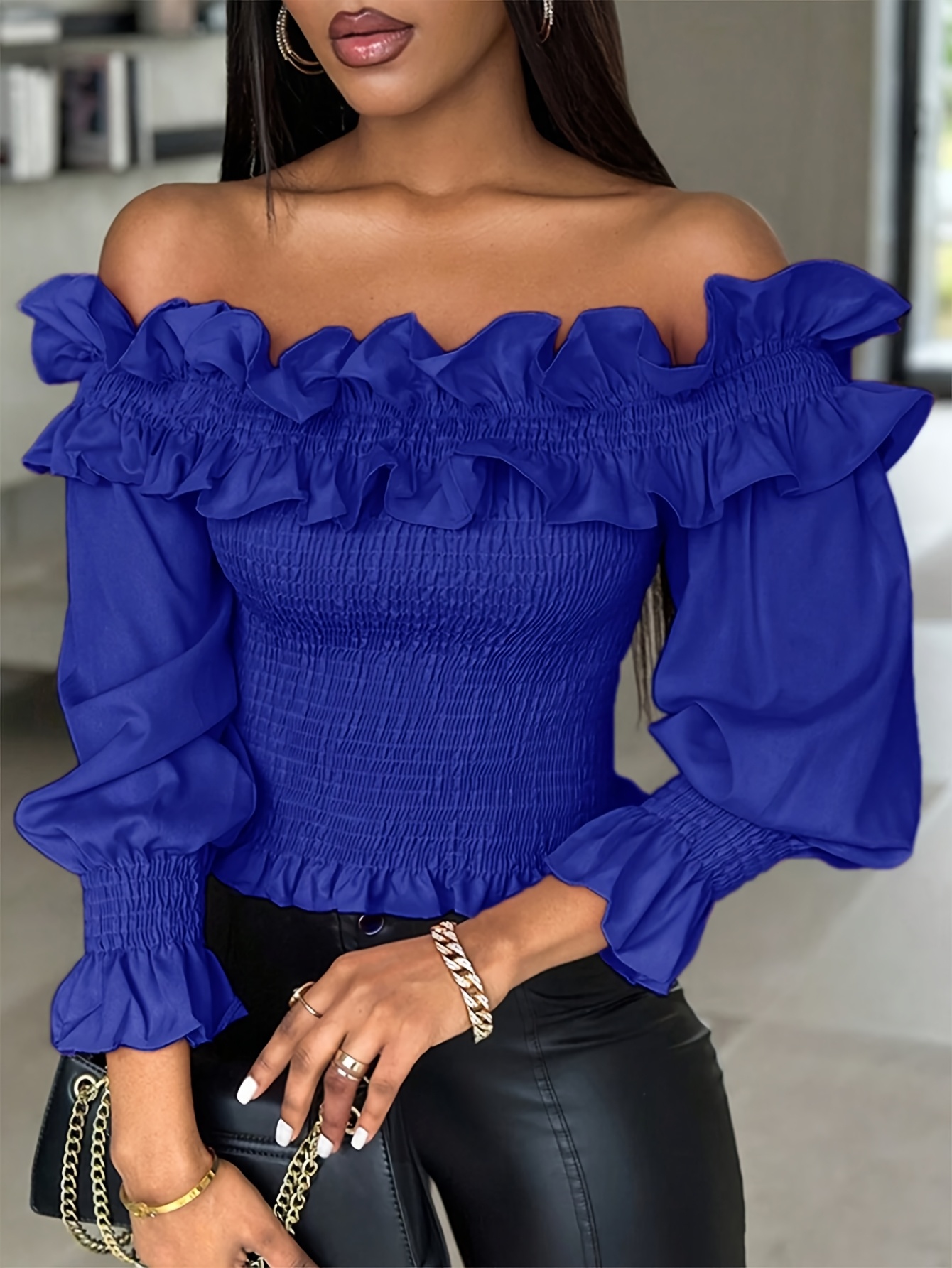 womens elegant shoulder ruffle top puffed sleeves navy blue Temu