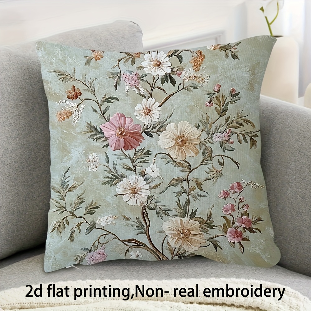 TEMU 1pc Vintage Floral Print Short Plush Pillow Cover, 18x18 Inches, Non-embroidered, Zipper Closure, Machine Washable, Suitable For Various Room