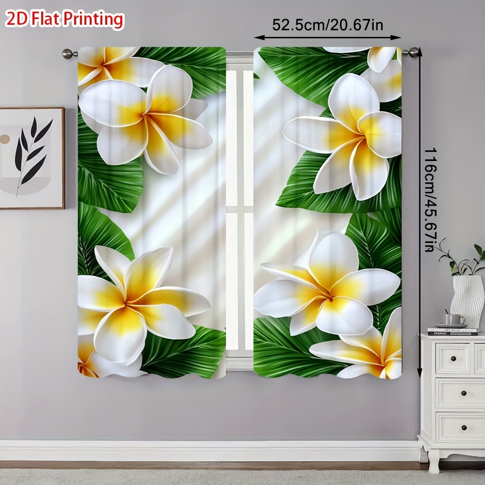 TEMU 2d Flat, 2pcs 2d Flat Print Plumeria Leaf Tropical Curtains With Rod - Room Decor, Art Spaces, Bedroom, Bathroom, Office - Home Decoration (not