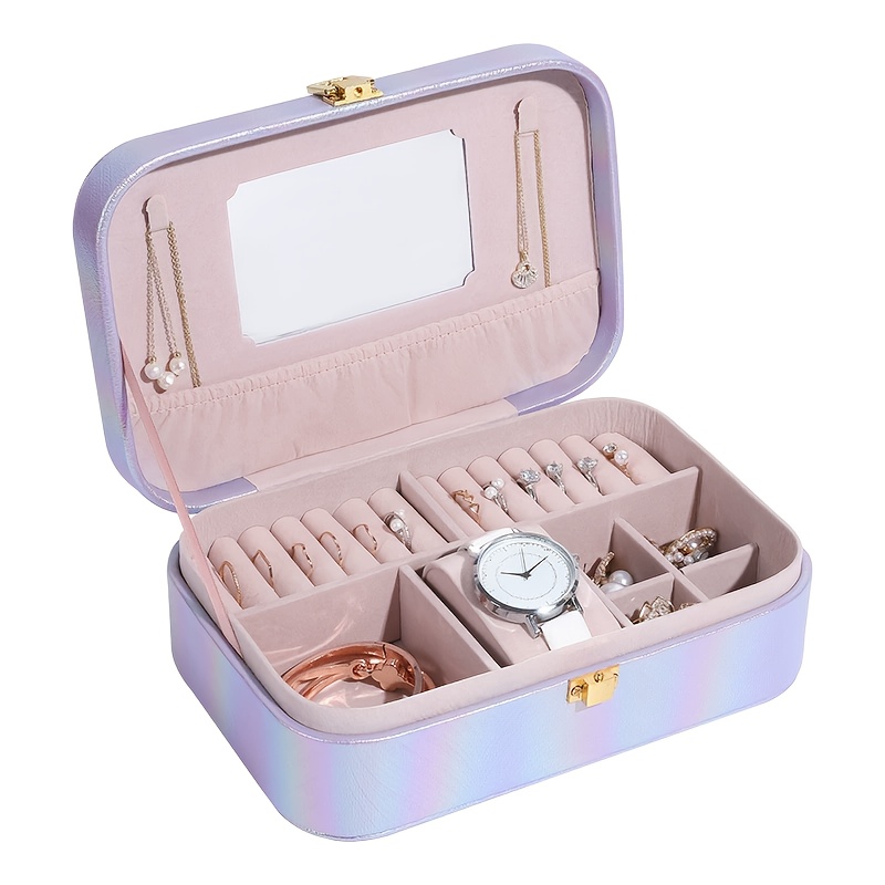 1pc holographic portable jewelry organizer box with   multiple compartments soft   leather lining   leather iridescent   secure snap closure for earrings necklaces rings watches travel friendly storage case accessory organization contemporary design Product details 1