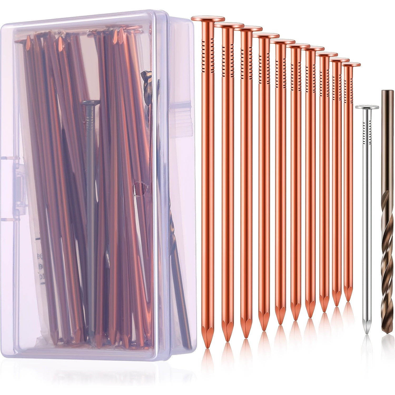 Image of 29pcs 99% Copper Stump Killer Set With 25 3-inch Long Copper Nails For Killing Trees, , Stump Removal Nails, 2 Nails, 2 Drill Nails, 1 Storage Box