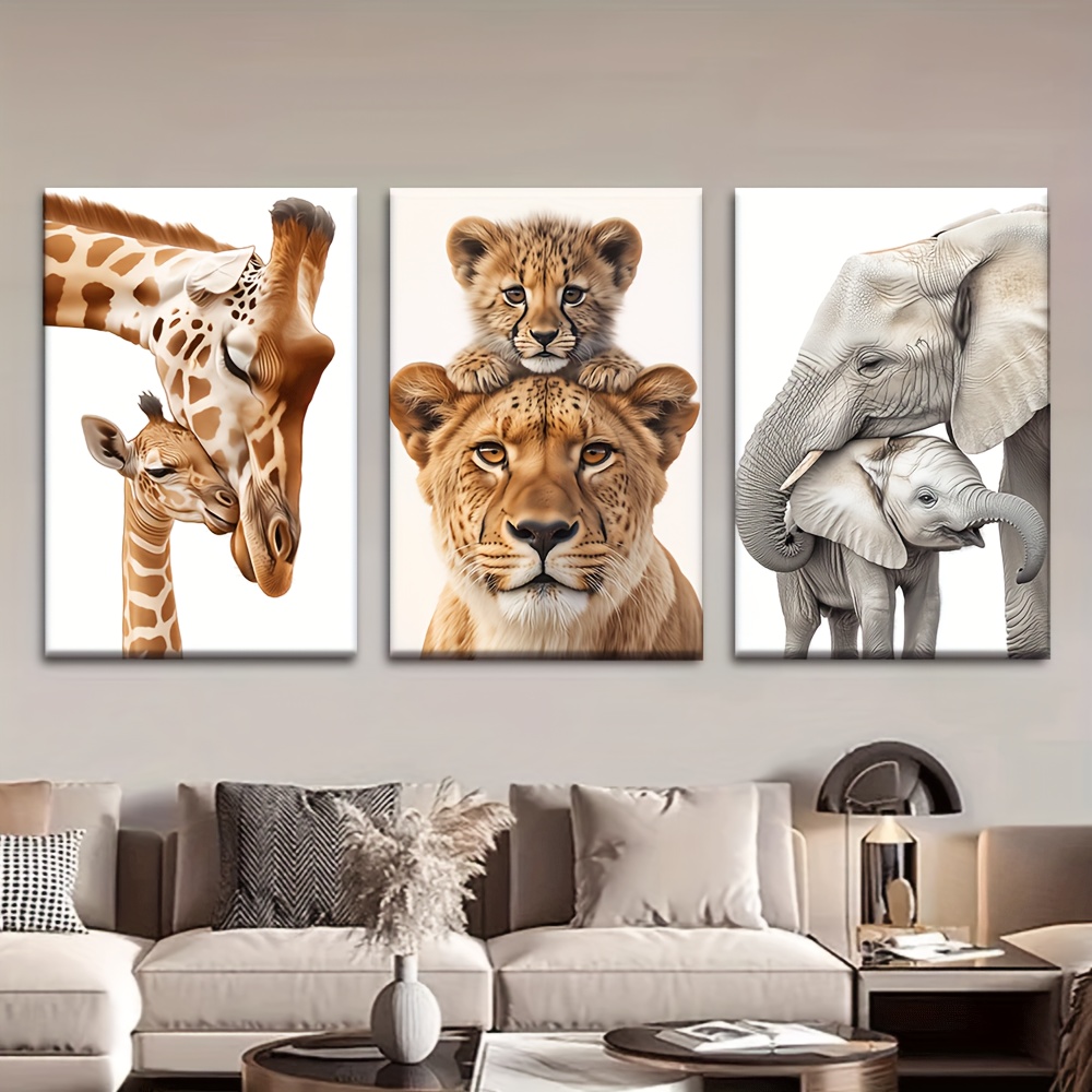 TEMU 2d Flat, 2d Flat, 3pcs/set, Canvas Painting--unframed, Park, Jungle Animals , Giraffes And Elephants, Posters And Prints, Living Room, Library,
