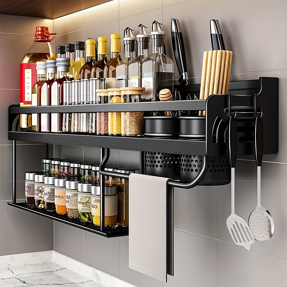 

Wall-mounted Spice Rack With Hooks - Carbon Steel Kitchen Organizer For , Scrapers & Bathroom , Spatula Storage, Seasoning Containers