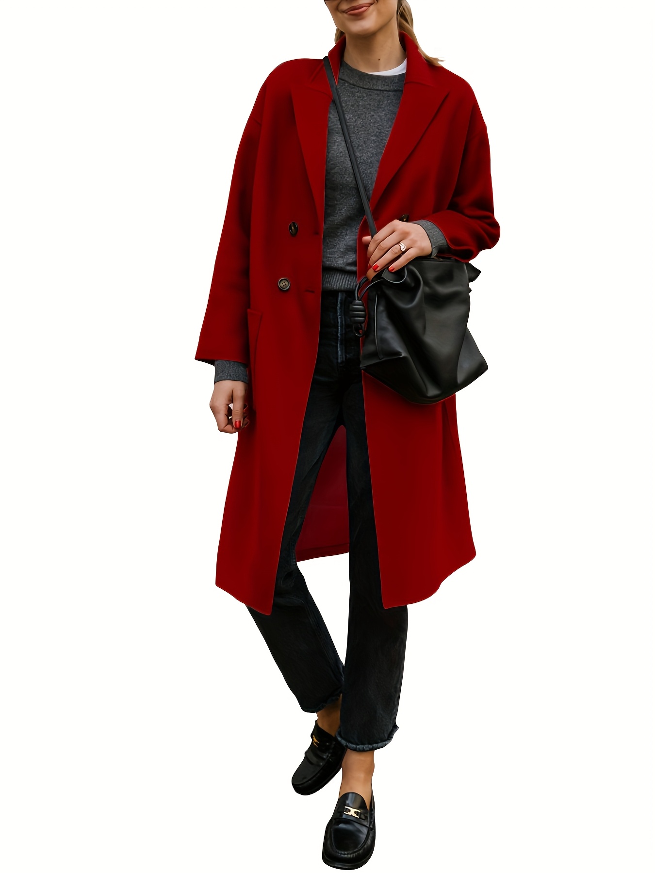 women elegant notched collar double breasted blend  