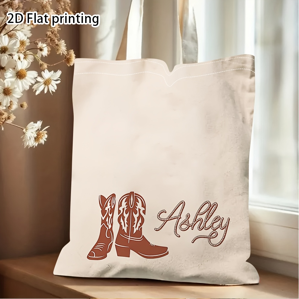 TEMU 1pc Custom Minimalist Western Cowboy Boot Tote Bag, Art Print Shoulder Bag, Reusable Coquette Country Style Personalized Carry Tote, Casual