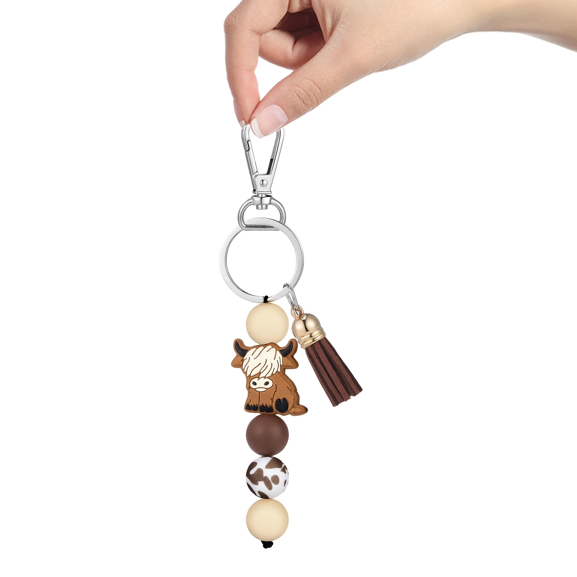 TEMU Porte-clés avec perles Vache Marron Animal de Dessin Animé et Abeille, Accessoire de Poignet Rétro Western pour Femmes, Cadeau pour le Ramadan