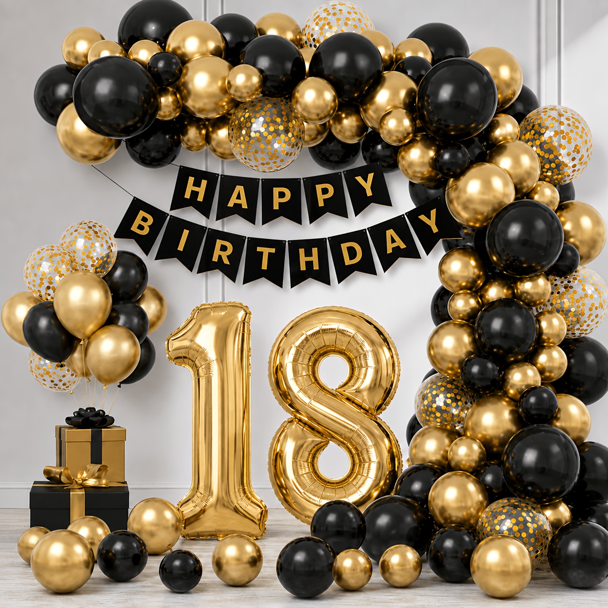 TEMU 18th Birthday Black And Garland Kit, 32in 1 And 8 Foil Balloons, Black, Metallic Golden And Golden Confetti Balloons, Happy Birthday Banner For