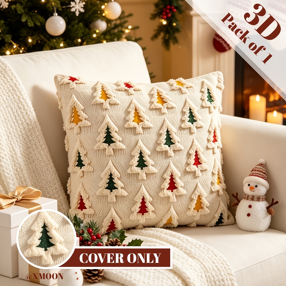 TEMU 1pc 3d Colorful Christmas Tree Embroidered Plush Throw Pillow Cover Pillowcases 18x18 Inch Vintage Cute Cozy Minimalist Scandinavian Soft