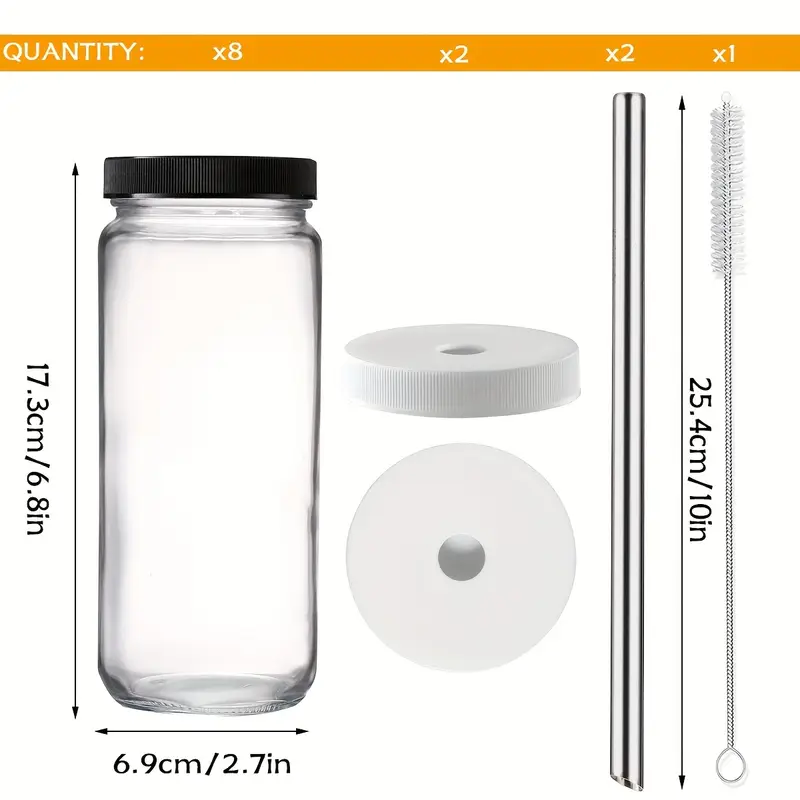 8pcs glass juice bottle with lid glass bottle for juicing for smoothies water milk kombucha round carafe with lid bpa free 2 straws included Product details 3