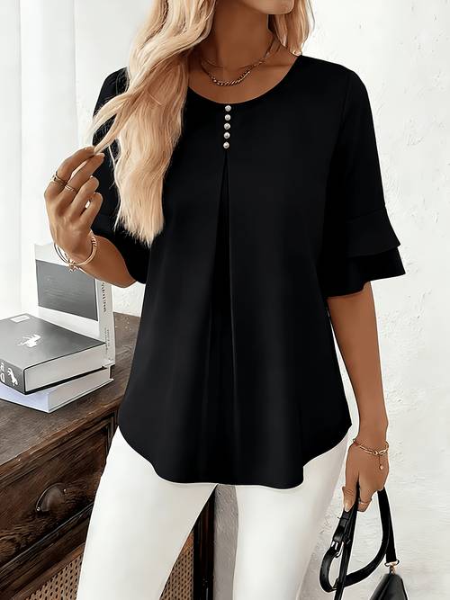 elegante suelto color liso cuello camisa abotonada acampanada volantes