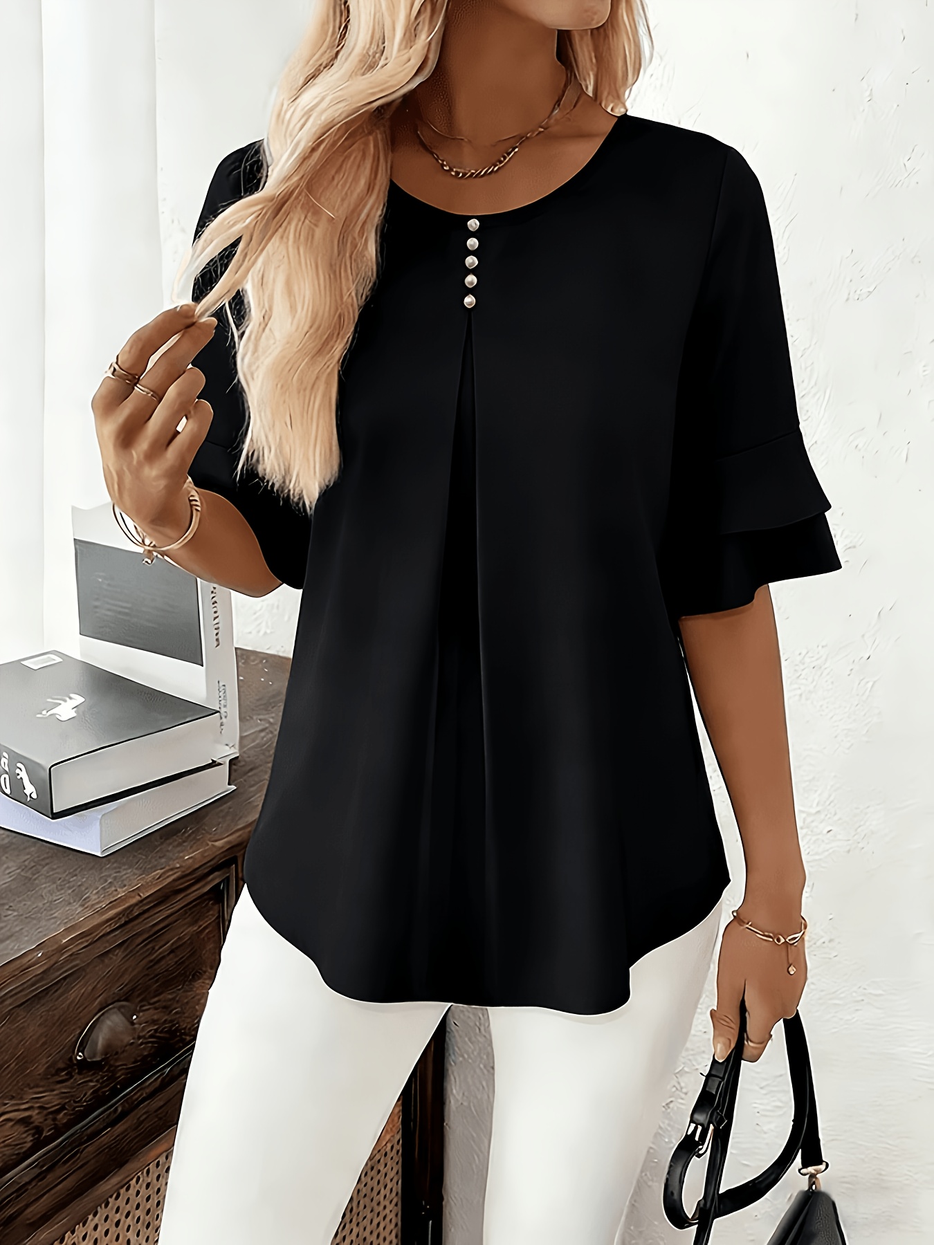 Elegant Flared Sleeve Shirt, Summer Loose Solid Round Neck Top