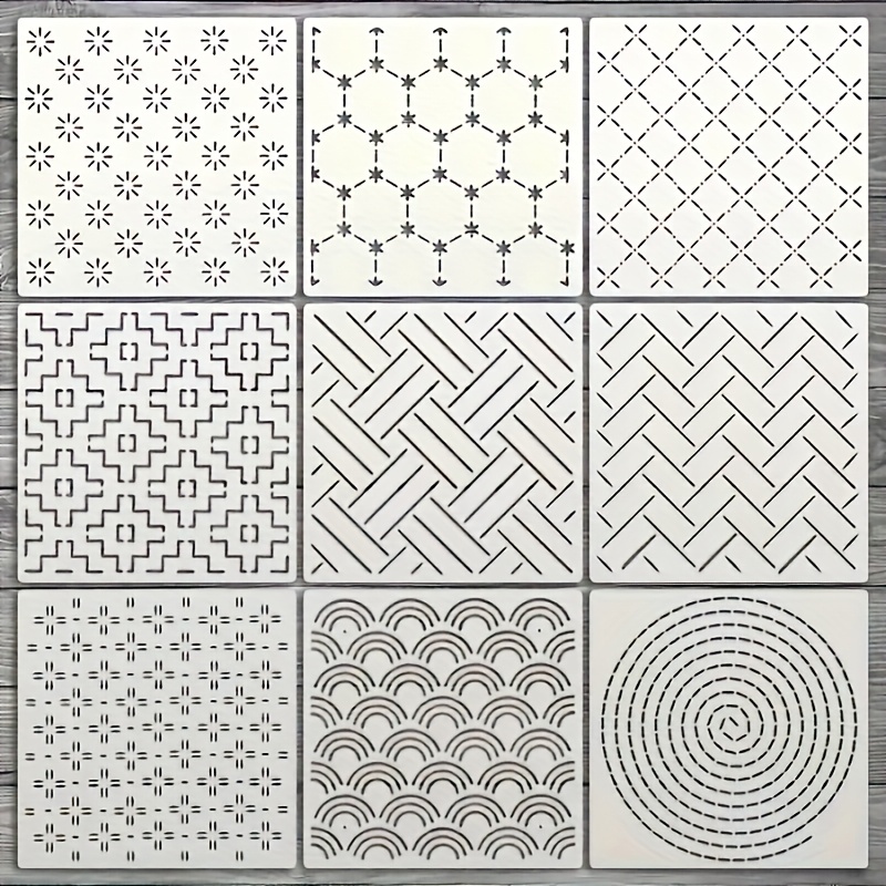 E-shop 9-teiliges Stickvorlagen-Set, wiederverwendbare Textur-Muster-Vorlagen für DIY-Kunstprojekte, Kunststoff-Sticklinien-Schablonen, geeignet für
