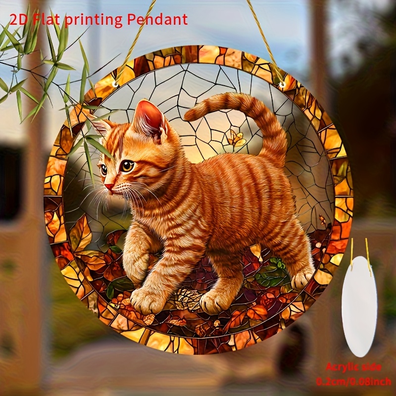 TEMU 2D Flach, ., 2D flacher Druck, Acryl orange Tabby-Katze Sonnenfalle - farbenfroher Herbstblätter-Hintergrund - hängende Fensterdekoration für