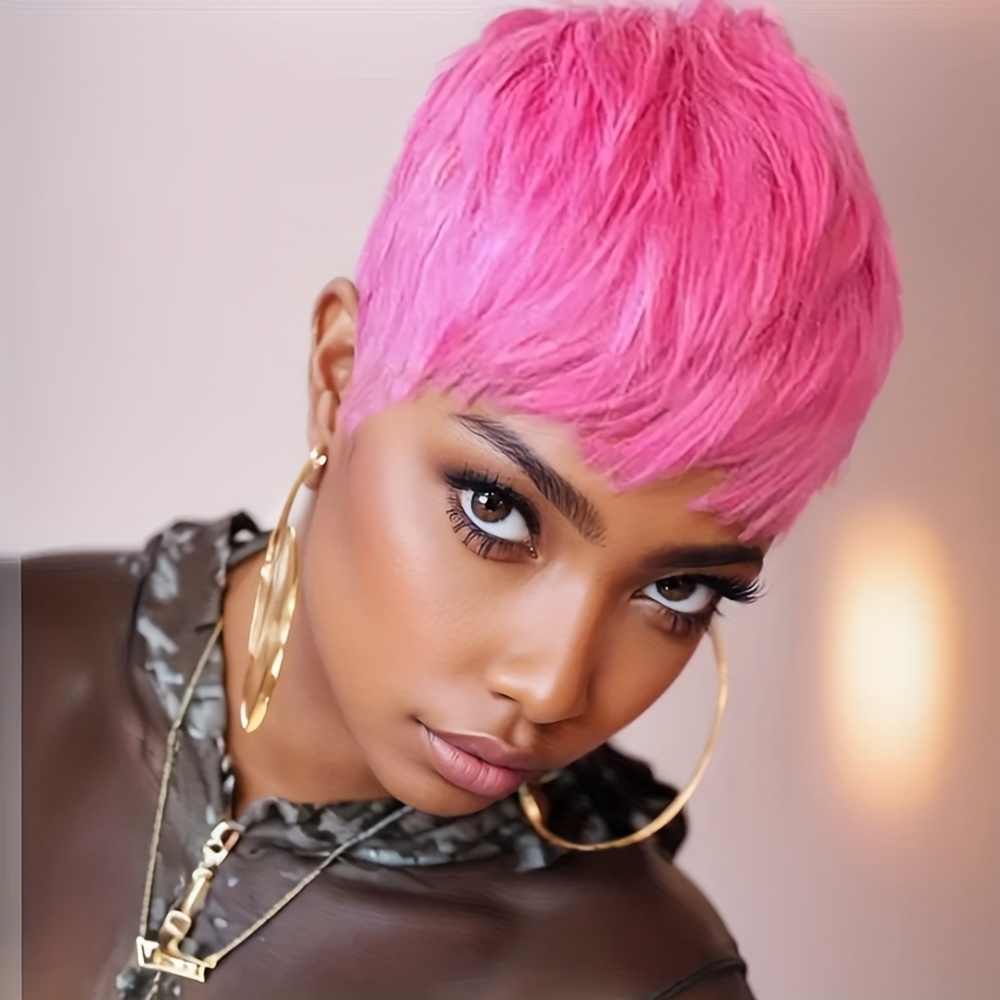 TEMU Elegant Pink Synthetic Wig For Women, Short Straight Hair With , 120% Density - Ideal For Halloween, Christmas Party, Music Festival, Costume Hairpiece | Sleek Straight Wig | Comfortable