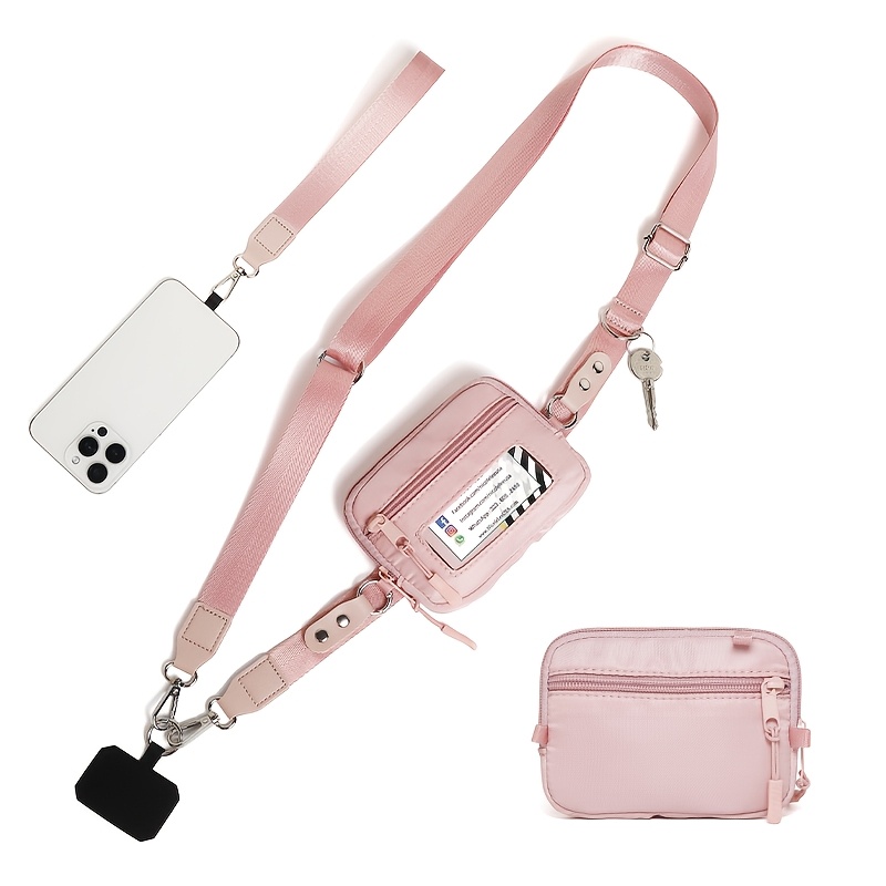 TEMU Bolso bandolera pequeño multifuncional desmontable con juego de cordón para teléfono, billetera de nailon y soporte para identificación para